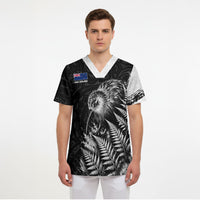 Personalized New Zealand Kiwi Bird Scrub Top Grunge Maori Tribal Pattern Silver Fern