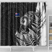 Personalized New Zealand Kiwi Bird Shower Curtain Grunge Maori Tribal Pattern Silver Fern