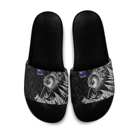Personalized New Zealand Kiwi Bird Slide Sandals Grunge Maori Tribal Pattern Silver Fern