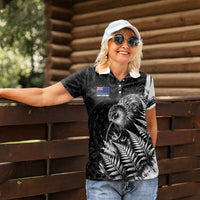 Personalized New Zealand Kiwi Bird Women Polo Shirt Grunge Maori Tribal Pattern Silver Fern