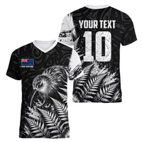 Personalized New Zealand Kiwi Bird Women V-Neck T-Shirt Grunge Maori Tribal Pattern Silver Fern
