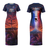 New Zealand Aotearoa Kiwi UFO Couples Matching Short Sleeve Bodycon Dress and Hawaiian Shirt Sci-Fi Galaxy Sunset Sky Tower And Mountain