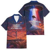New Zealand Aotearoa Kiwi UFO Family Matching Off The Shoulder Long Sleeve Dress and Hawaiian Shirt Sci-Fi Galaxy Sunset Sky Tower And Mountain
