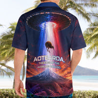 New Zealand Aotearoa Kiwi UFO Hawaiian Shirt Sci-Fi Galaxy Sunset Sky Tower And Mountain