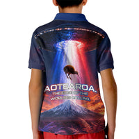 New Zealand Aotearoa Kiwi UFO Kid Polo Shirt Sci-Fi Galaxy Sunset Sky Tower And Mountain