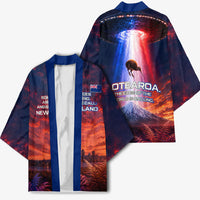 New Zealand Aotearoa Kiwi UFO Kimono Sci-Fi Galaxy Sunset Sky Tower And Mountain