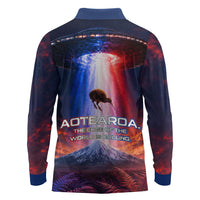 New Zealand Aotearoa Kiwi UFO Long Sleeve Polo Shirt Sci-Fi Galaxy Sunset Sky Tower And Mountain