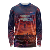 New Zealand Aotearoa Kiwi UFO Long Sleeve Shirt Sci-Fi Galaxy Sunset Sky Tower And Mountain
