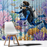 Fiji Taveuni Rainbow Reef Window Curtain Scuba Diver Vibrant Undersea Coral Garden Watercolor