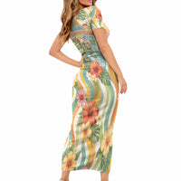 Hawaii Aloha Academy Back To School Short Sleeve Bodycon Dress Sea Turtle Tropical Hibiscus Flowers Retro Psychedelic