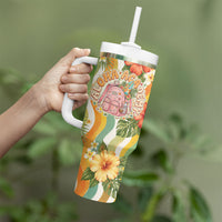 Hawaii Aloha Academy Back To School Tumbler With Handle Sea Turtle Tropical Hibiscus Flowers Retro Psychedelic