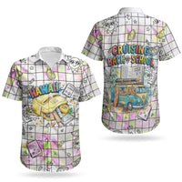 Hawaii Cruising Back To School Couples Matching Off Shoulder Short Dress and Hawaiian Shirt Grid Pattern With School Bag And Vintage Surf Van