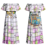 Hawaii Cruising Back To School Family Matching Off Shoulder Maxi Dress and Hawaiian Shirt Grid Pattern With School Bag And Vintage Surf Van