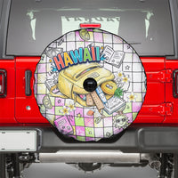 Hawaii Cruising Back To School Spare Tire Cover Grid Pattern With School Bag And Vintage Surf Van