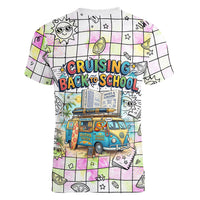 Hawaii Cruising Back To School Women V-Neck T-Shirt Grid Pattern With School Bag And Vintage Surf Van