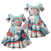 Personalized Hawaii Back To School Family Matching Mermaid Dress and Hawaiian Shirt Retro Rainbow Sun with Tropical Hibiscus Flowers TS04 Daughter's Dress White Blue - Polynesian Pride