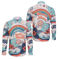 Personalized Hawaii Back To School Family Matching Summer Maxi Dress and Hawaiian Shirt Retro Rainbow Sun with Tropical Hibiscus Flowers TS04 Dad's Shirt - Long Sleeve White Blue - Polynesian Pride