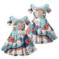 Personalized Hawaii Back To School Family Matching Summer Maxi Dress and Hawaiian Shirt Retro Rainbow Sun with Tropical Hibiscus Flowers TS04 Daughter's Dress White Blue - Polynesian Pride