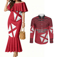Wallis And Futuna Couples Matching Mermaid Dress and Long Sleeve Button Shirt Polynesian Tattoo Flag Map