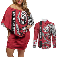 Wallis And Futuna Couples Matching Off Shoulder Short Dress and Long Sleeve Button Shirt Tribal Polynesian Tattoo Flag Motif