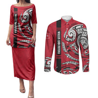 Wallis And Futuna Couples Matching Puletasi and Long Sleeve Button Shirt Tribal Polynesian Tattoo Flag Motif