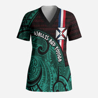 Wallis And Futuna Scrub Top Tribal Polynesian Tattoo Heritage Cross Flag