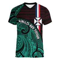 Wallis And Futuna Women V-Neck T-Shirt Tribal Polynesian Tattoo Heritage Cross Flag