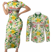 Hawaiian Piko Threads Of Paradise Aloha Couples Matching Short Sleeve Bodycon Dress and Long Sleeve Button Shirt Tropical Hibiscus Plumeria