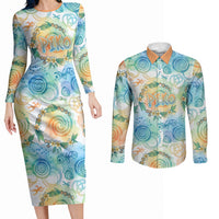 Hawaiian Piko Cultural Pride Aloha Couples Matching Long Sleeve Bodycon Dress and Long Sleeve Button Shirt Watercolor Spiral Art - Tropical Plumeria Lei Garland