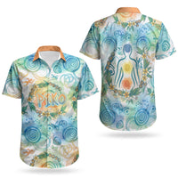 Hawaiian Piko Cultural Pride Aloha Couples Matching Off The Shoulder Long Sleeve Dress and Hawaiian Shirt Watercolor Spiral Art - Tropical Plumeria Lei Garland