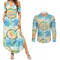 Hawaiian Piko Cultural Pride Aloha Couples Matching Summer Maxi Dress and Long Sleeve Button Shirt Watercolor Spiral Art - Tropical Plumeria Lei Garland