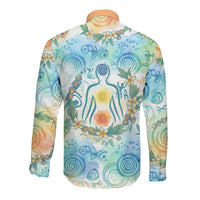 Hawaiian Piko Cultural Pride Aloha Long Sleeve Button Shirt Watercolor Spiral Art - Tropical Plumeria Lei Garland