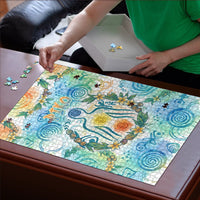 Hawaiian Piko Cultural Pride Aloha Puzzle Watercolor Spiral Art - Tropical Plumeria Lei Garland