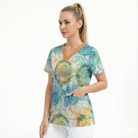 Hawaiian Piko Cultural Pride Aloha Scrub Top Watercolor Spiral Art - Tropical Plumeria Lei Garland