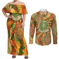 Hawaiian Piko Lani Cultivate I Ka Piko Aloha Couples Matching Off Shoulder Maxi Dress and Long Sleeve Button Shirt Retro Psychedelic Taro Leaf - Hibiscus Flowers