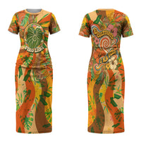 Hawaiian Piko Lani Cultivate I Ka Piko Aloha Family Matching Short Sleeve Bodycon Dress and Hawaiian Shirt Retro Psychedelic Taro Leaf - Hibiscus Flowers