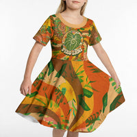 Hawaiian Piko Lani Cultivate I Ka Piko Aloha Kid Short Sleeve Dress Retro Psychedelic Taro Leaf - Hibiscus Flowers