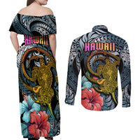 Hawaii Turtle Couples Matching Off Shoulder Maxi Dress and Long Sleeve Button Shirts Hawaii Pattern and Turtle Tattoo Dark Cyan Gradient TS04 - Polynesian Pride