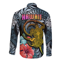 Hawaii Turtle Long Sleeve Button Shirt Hawaii Pattern and Turtle Tattoo Dark Cyan Gradient TS04 - Polynesian Pride