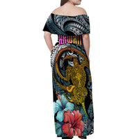 Hawaii Turtle Off Shoulder Maxi Dress Hawaii Pattern and Turtle Tattoo Dark Cyan Gradient TS04 - Polynesian Pride