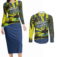 Waimanalo Oahu Hawaii Surfing Couples Matching Long Sleeve Bodycon Dress and Long Sleeve Button Shirt Tropical Beach Retro Sunburst Surfboard