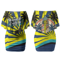 Waimanalo Oahu Hawaii Surfing Couples Matching Off Shoulder Short Dress and Hawaiian Shirt Tropical Beach Retro Sunburst Surfboard