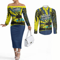 Waimanalo Oahu Hawaii Surfing Couples Matching Off The Shoulder Long Sleeve Dress and Long Sleeve Button Shirt Tropical Beach Retro Sunburst Surfboard