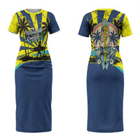 Waimanalo Oahu Hawaii Surfing Couples Matching Short Sleeve Bodycon Dress and Long Sleeve Button Shirt Tropical Beach Retro Sunburst Surfboard