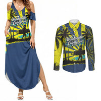 Waimanalo Oahu Hawaii Surfing Couples Matching Summer Maxi Dress and Long Sleeve Button Shirt Tropical Beach Retro Sunburst Surfboard