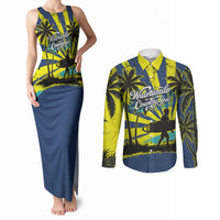 Waimanalo Oahu Hawaii Surfing Couples Matching Tank Maxi Dress and Long Sleeve Button Shirt Tropical Beach Retro Sunburst Surfboard