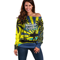 Waimanalo Oahu Hawaii Surfing Off Shoulder Sweater Tropical Beach Retro Sunburst Surfboard