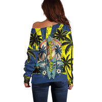 Waimanalo Oahu Hawaii Surfing Off Shoulder Sweater Tropical Beach Retro Sunburst Surfboard
