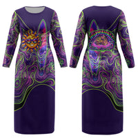 Waimanalo Hawaii Sun Rabbit Couples Matching Long Sleeve Bodycon Dress and Hawaiian Shirt Psychedelic Trippy Neon Swirl Graphic