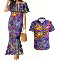 Waimanalo Hawaii Sun Rabbit Couples Matching Mermaid Dress and Hawaiian Shirt Psychedelic Trippy Neon Swirl Graphic